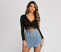Brushed Knit Wrap Front Crop Top