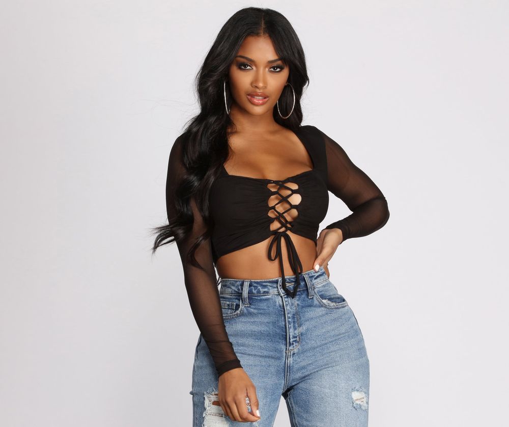 denim lace up crop top