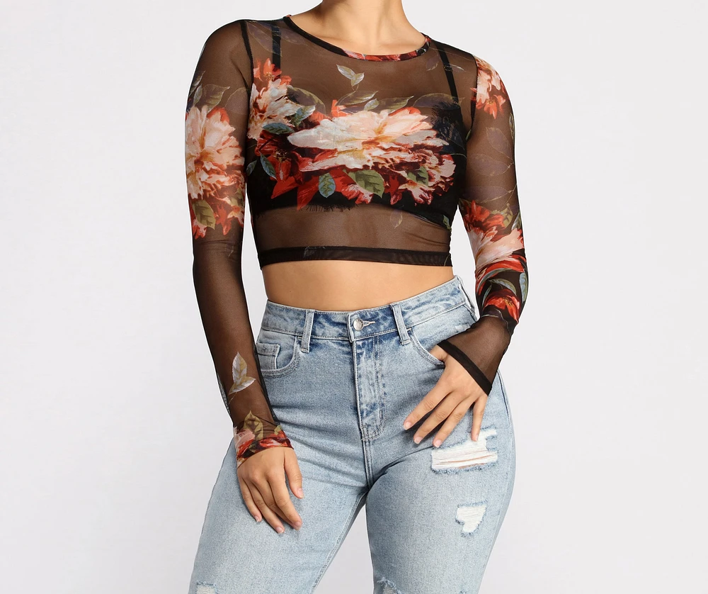 Lookin' Fine Floral Mesh Crop Top