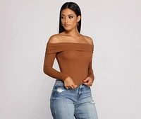 Ribbed Off The Shoulder Fold-Over Top