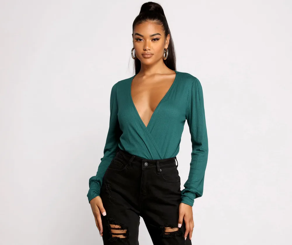 Windsor Sultry Deep V Neck Ribbed Bodysuit