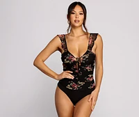 Floral Mesh and Ruffled Lace Bodysuit