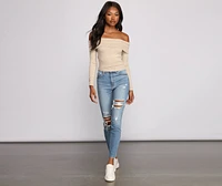 Ribbed Off The Shoulder Fold-Over Top