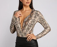 Sleek and Stylish Snake Print Surplice Bodysuit