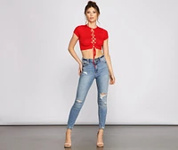 Basic Babe Ribbed Knit Lace-Up Top
