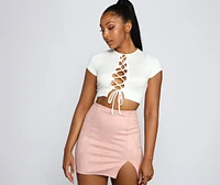 Basic Babe Ribbed Knit Lace-Up Top
