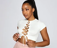 Basic Babe Ribbed Knit Lace-Up Top