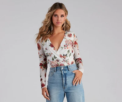 Natural Bloom Mesh Floral Surplice Bodysuit