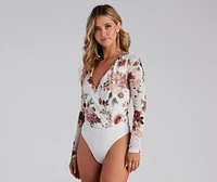 Natural Bloom Mesh Floral Surplice Bodysuit