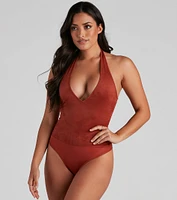 Take The Plunge Faux Suede Bodysuit