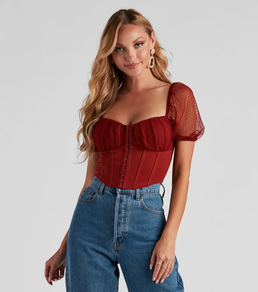 Puff Sleeve Bustier Lace Up Denim Midriff Top