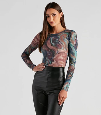 Artistic Swirls Mesh Crew Bodysuit