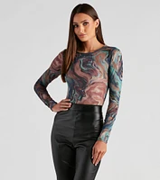 Artistic Swirls Mesh Crew Bodysuit