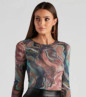 Artistic Swirls Mesh Crew Bodysuit