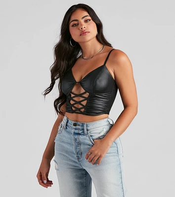 Late Night Faux Leather Lattice Crop Top