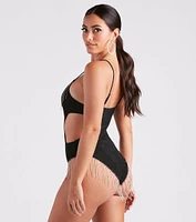 Fringed Out Rhinestone Faux Suede Bodysuit