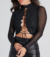 Vamped Up Rhinestone Lace-Up Crop Top