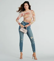 Elevate The Charm Long Sleeve Floral Mesh Crop Top