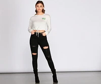 Drink Up Drawstring Crew Neck Cropped Top