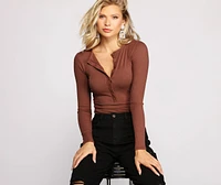 Button-Front Ribbed Knit Henley Top