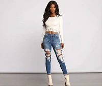 Ribbed Tie Back Lace Hem Crop Top
