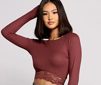Ribbed Tie Back Lace Hem Crop Top