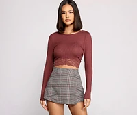 Ribbed Tie Back Lace Hem Crop Top