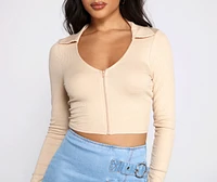 Sporty Chic Collared Zip-Up Crop Top