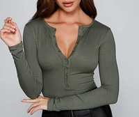 Button-Front Ribbed Knit Henley Top