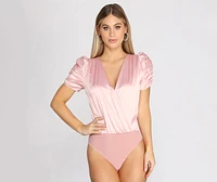 Ruched Satin Surplice Bodysuit