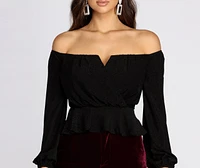 Glitzy Wrap Front Peplum Blouse