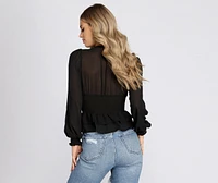 Chiffon Smocked Button Down Blouse