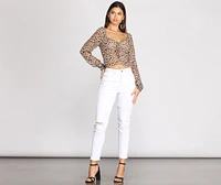 Leopard Print Chiffon Lace-Up Milkmaid Blouse