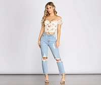 Flower Move Tie Front Off Shoulder Crop Top