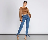 Satin Drawstring Smocked Blouse