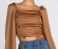 Satin Drawstring Smocked Blouse