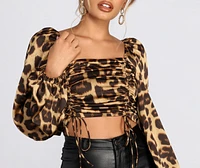 Tie Front Leopard Print Satin Blouse
