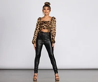 Tie Front Leopard Print Satin Blouse