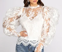 Power Shoulders Puff Embroidered Top