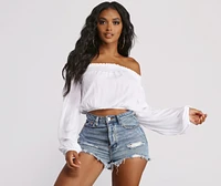 Off The Shoulder Long Sleeve Gauze Crop Top