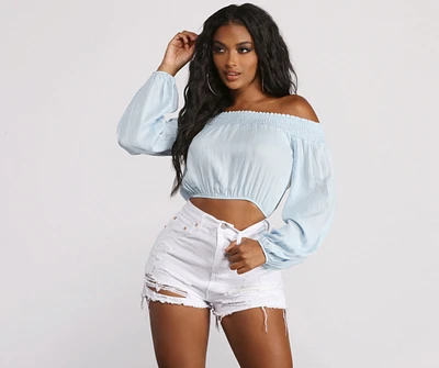 Off The Shoulder Long Sleeve Gauze Crop Top