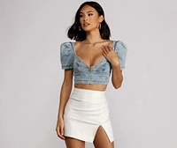 Good Vibes Cropped Denim Puff Sleeve Top