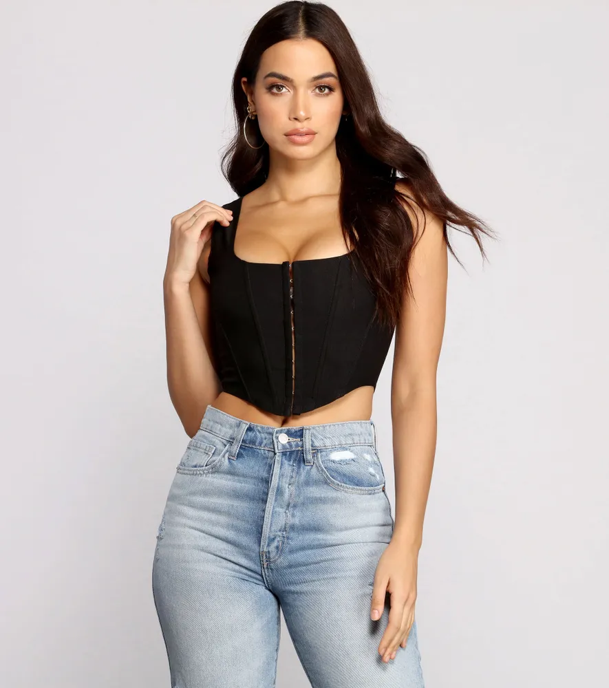 Forever 21 Women's Hook-and-Eye Corset Crop Top in Black Medium