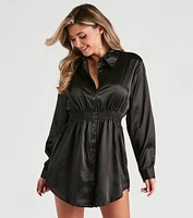 Fall Nights Satin Button-Up Short Dress