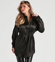 Fall Nights Satin Button-Up Short Dress