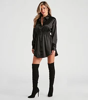 Fall Nights Satin Button-Up Short Dress