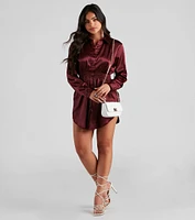 Fall Nights Satin Button-Up Short Dress