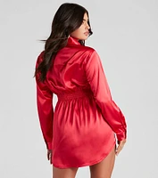 Fall Nights Satin Button-Up Short Dress