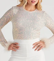 Flawless Glam Sequin Feather Trim Crop Top