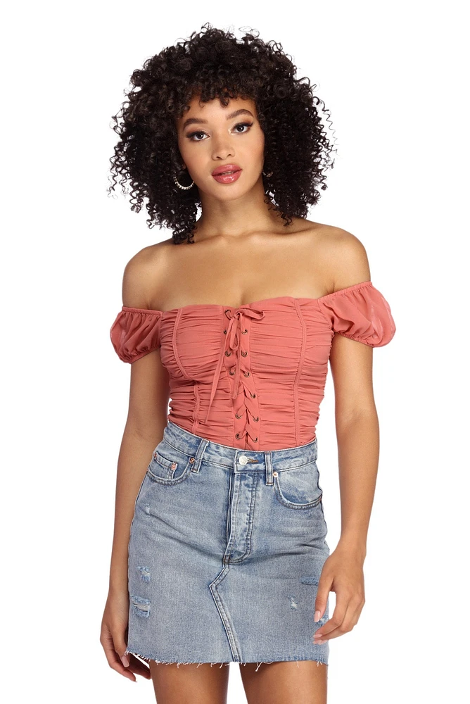 Lace Up Ruched Top